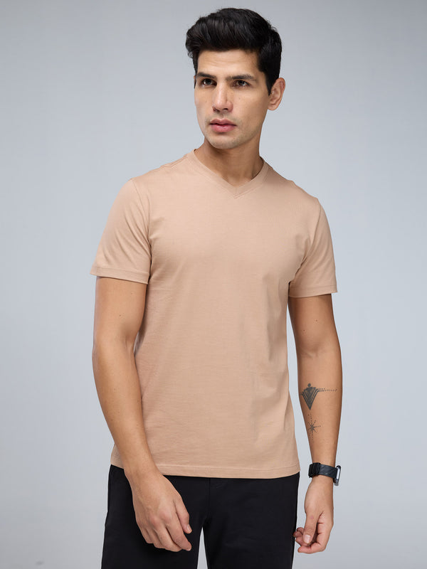 Beige Supima V Neck T-shirt - Regular Fit