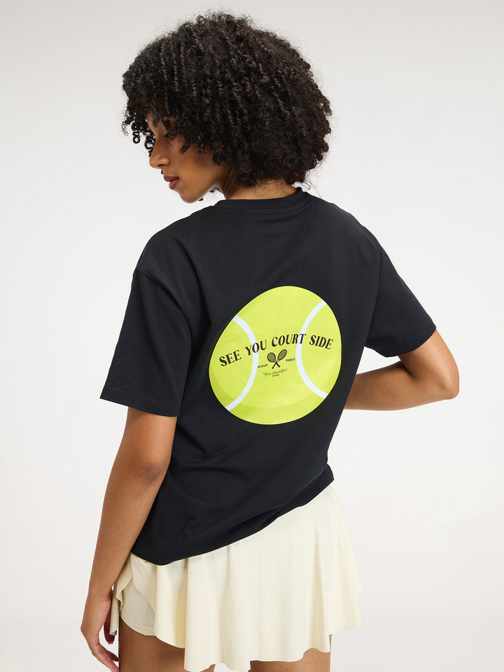 Black Courtside Oversized Printed Tee - Women