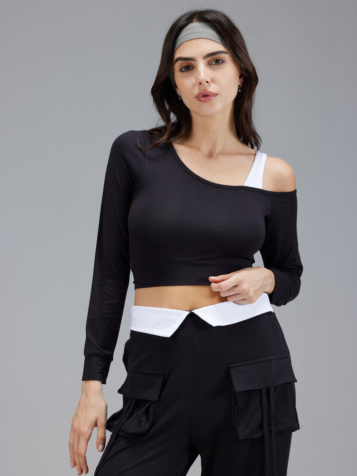 Black Whirl One Shoulder Top