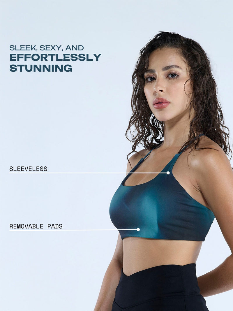 Teal Fluid Printed Strap Back Sports Bra