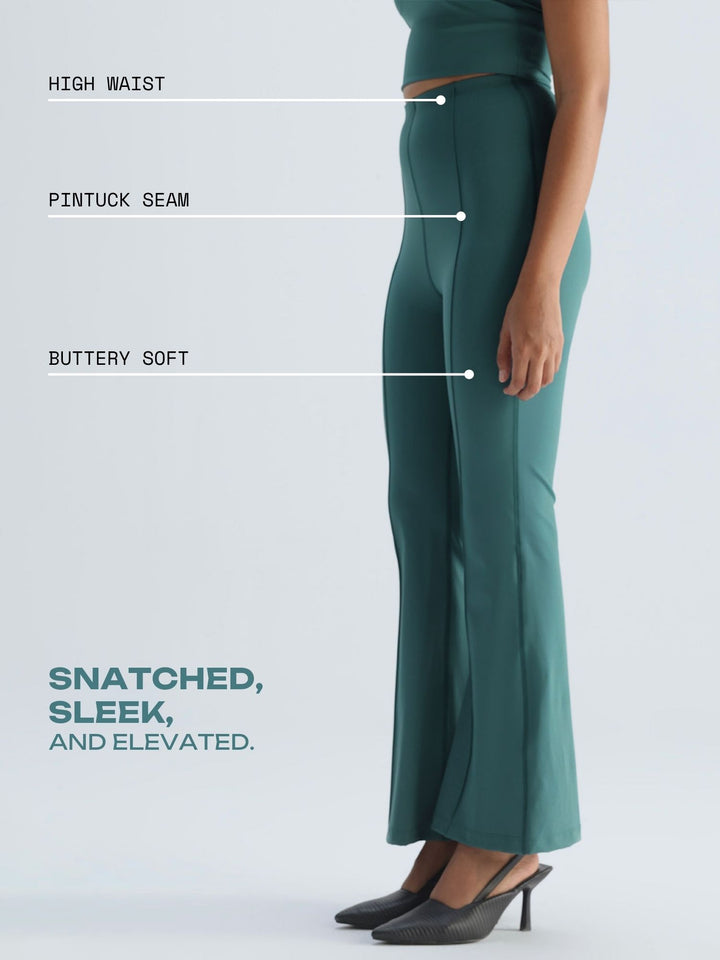 Green Pintuck Flared Pants