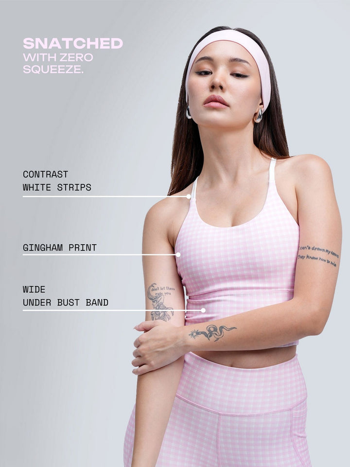 Pink Gingham Cross Back Sports Bra