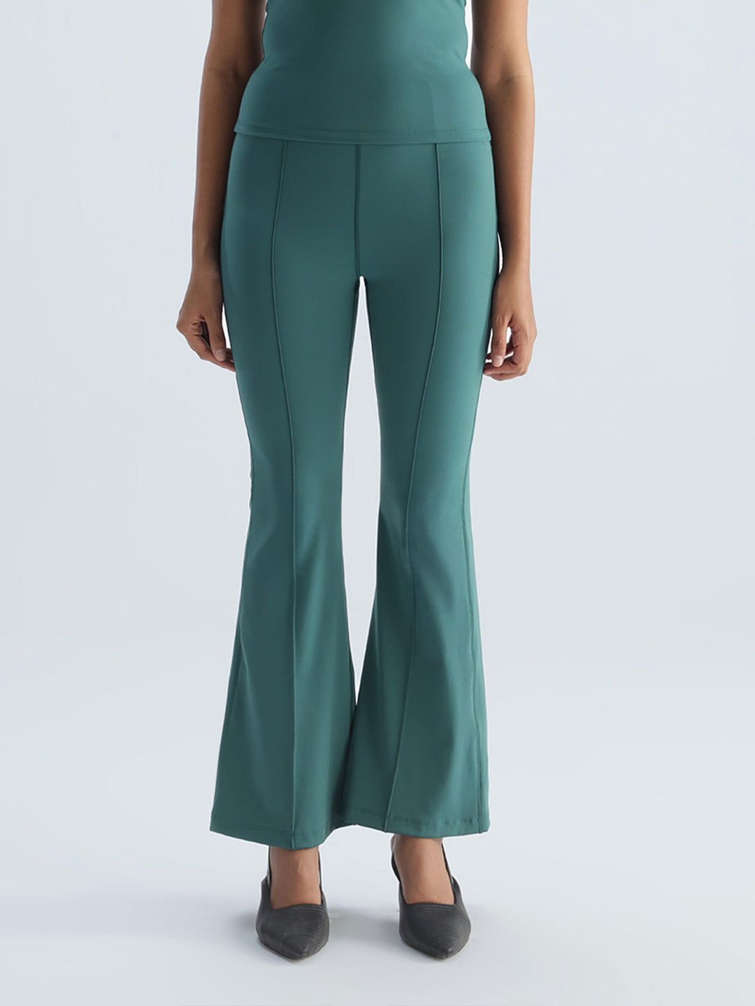 Green Pintuck Flared Pants