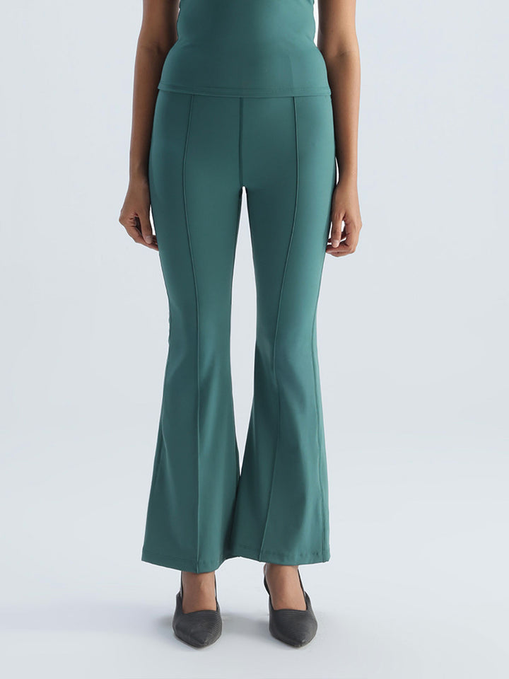 Green Pintuck Flared Pants