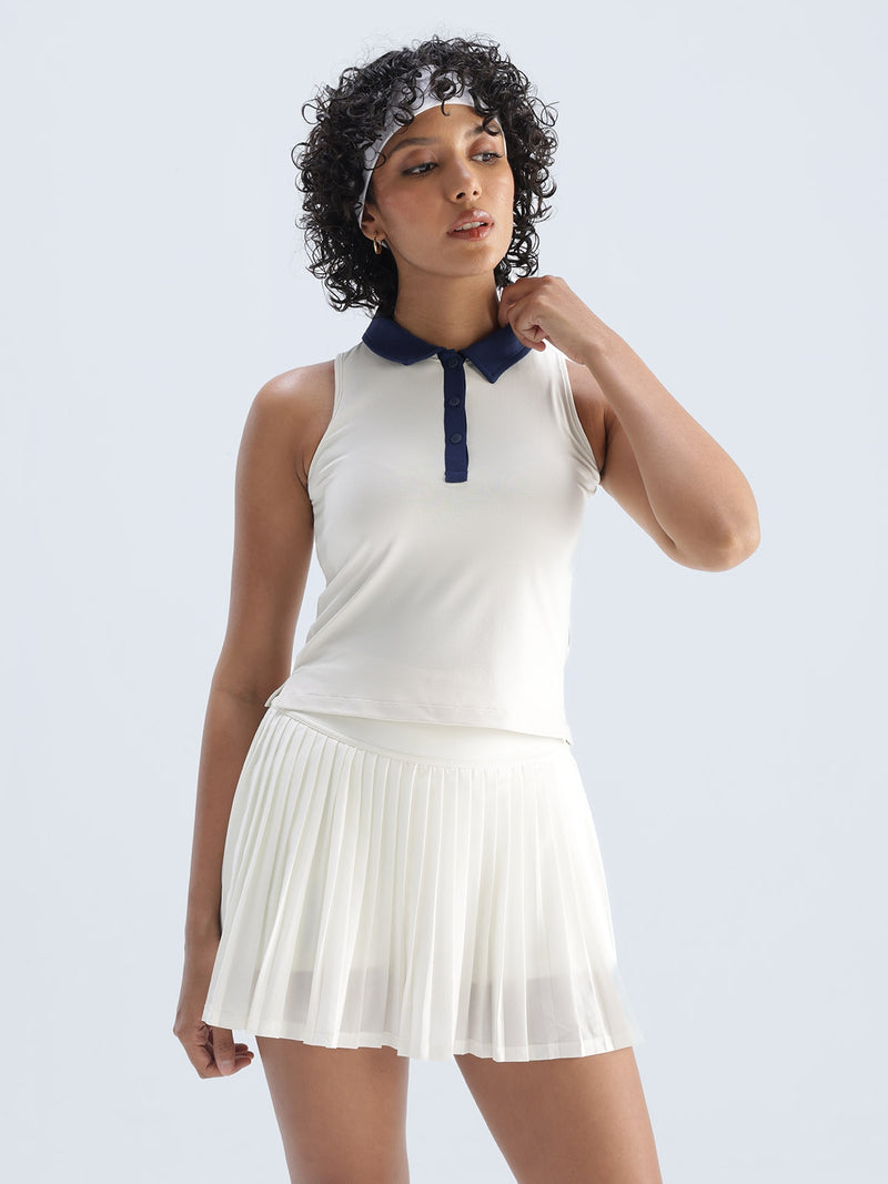 Ivory Contrast Techpique Sleeveless Polo