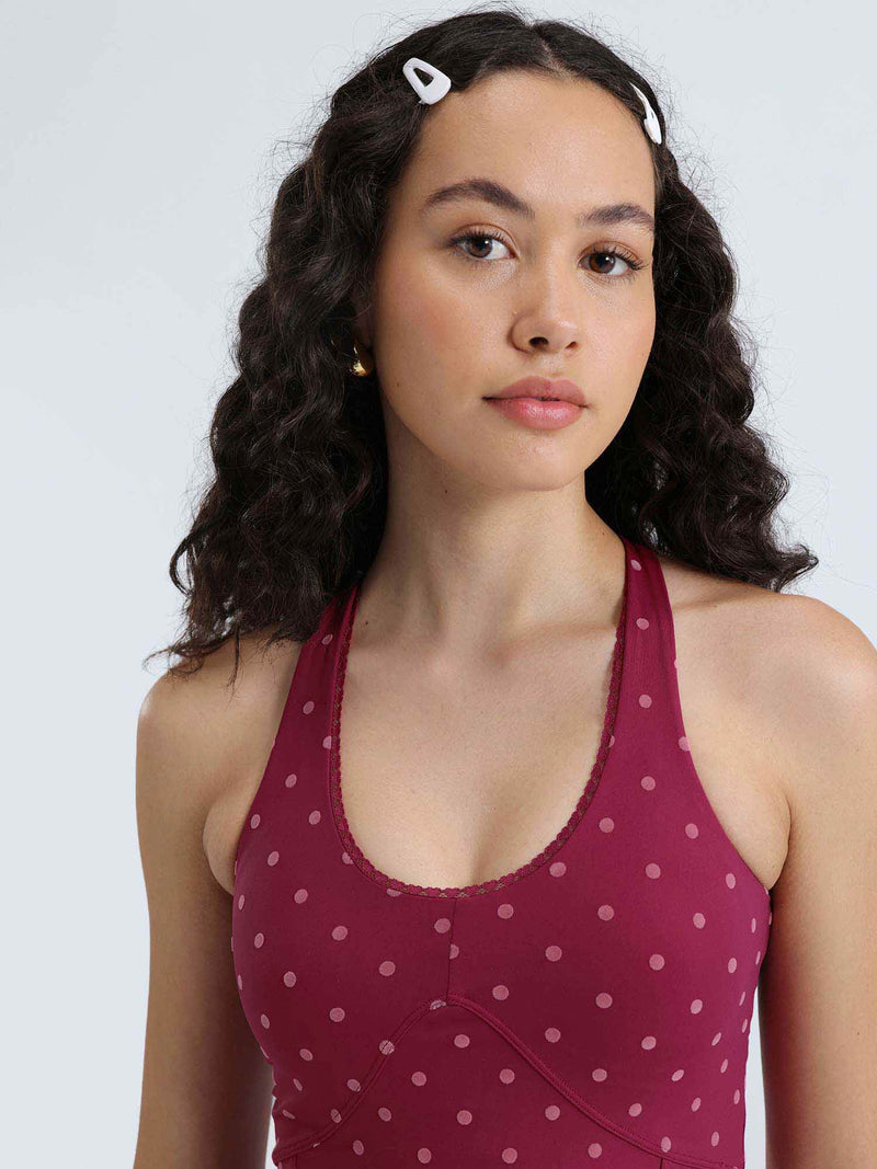 Berry Polka Lace Trim Halter Tank