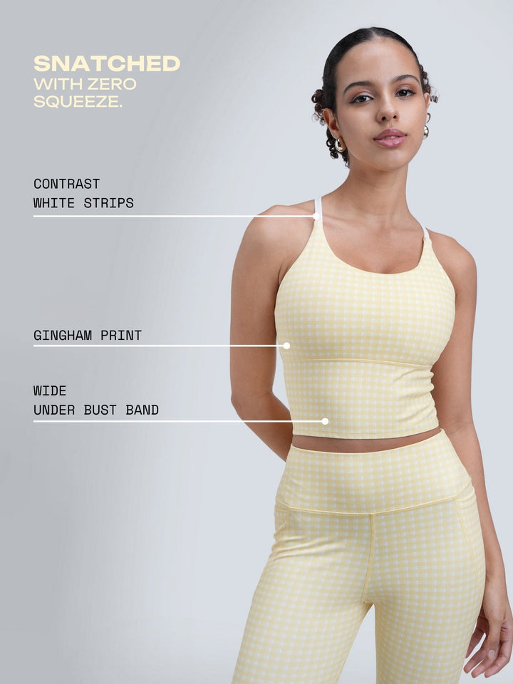 Butter Yellow Gingham Cross Back Sports Bra