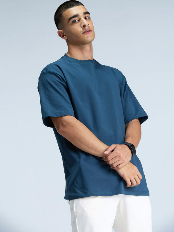 Steel Blue Solid Oversized Tee - Men
