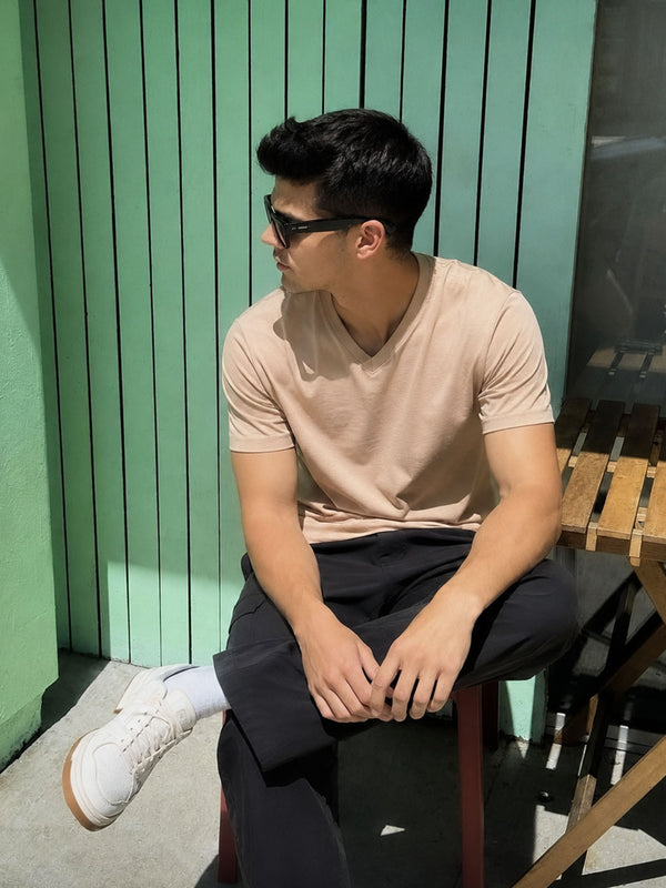 Beige Supima V Neck T-shirt - Regular Fit