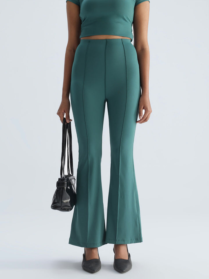 Green Pintuck Flared Pants