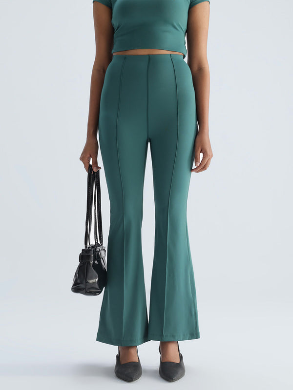 Green Pintuck Flared Pants