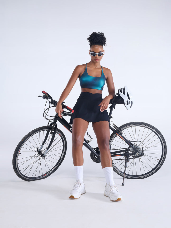 Teal Fluid Printed Strap Back Sports Bra