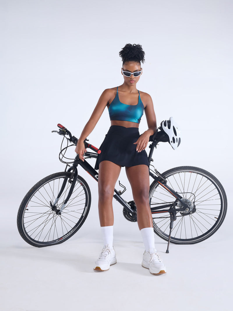 Teal Fluid Printed Strap Back Sports Bra