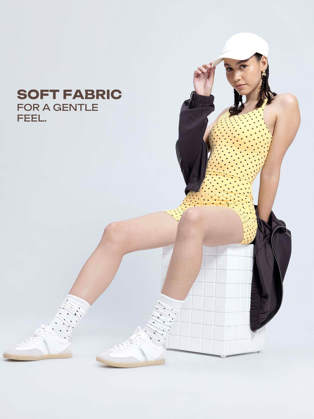 Butter Yellow Polka Cross Back Sports Bra