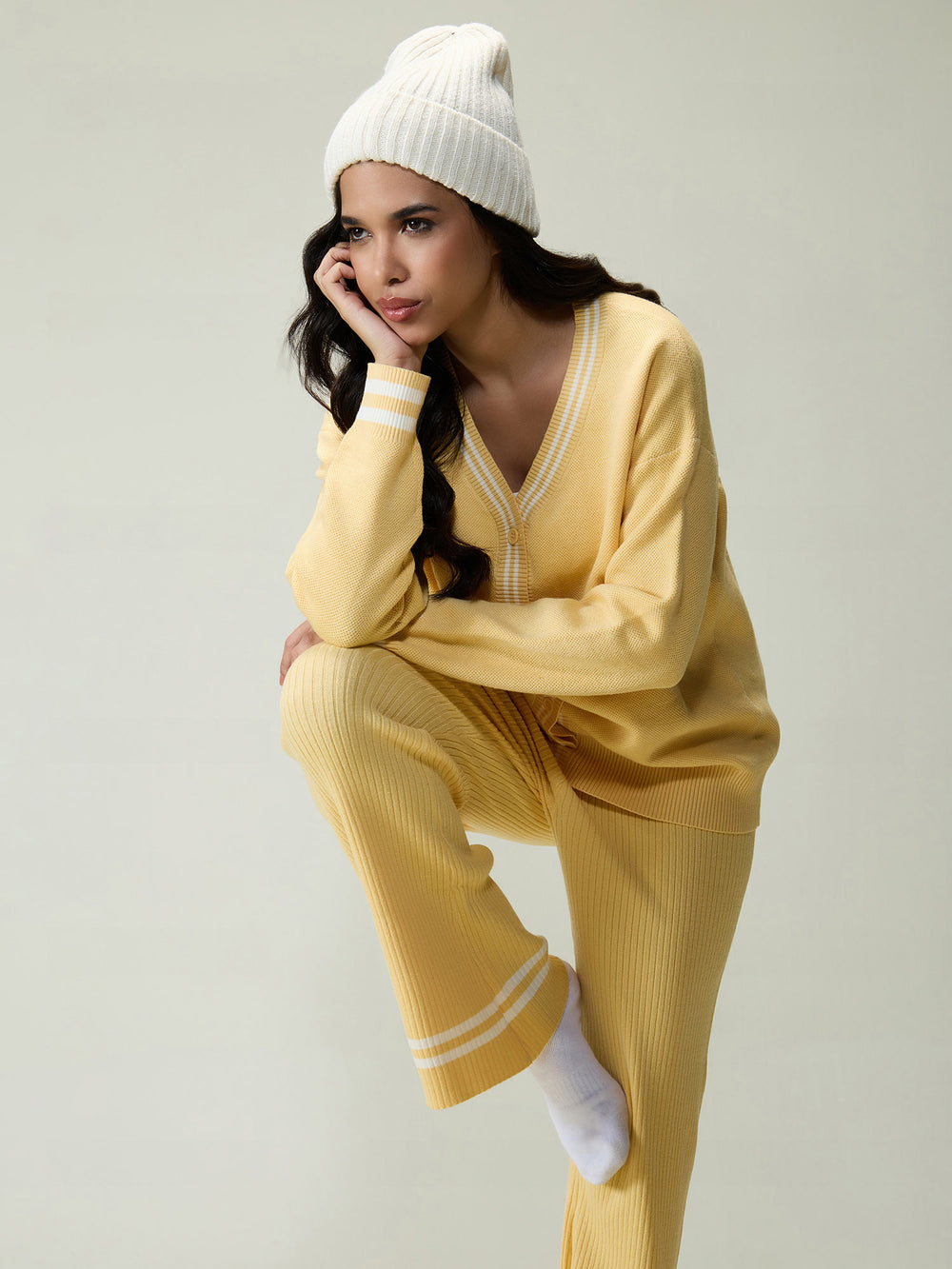 Yellow Rib-knit Trousers