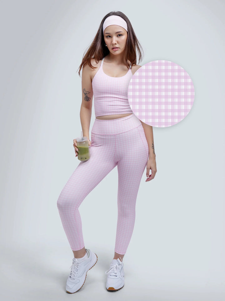 Pink Gingham Cross Back Sports Bra