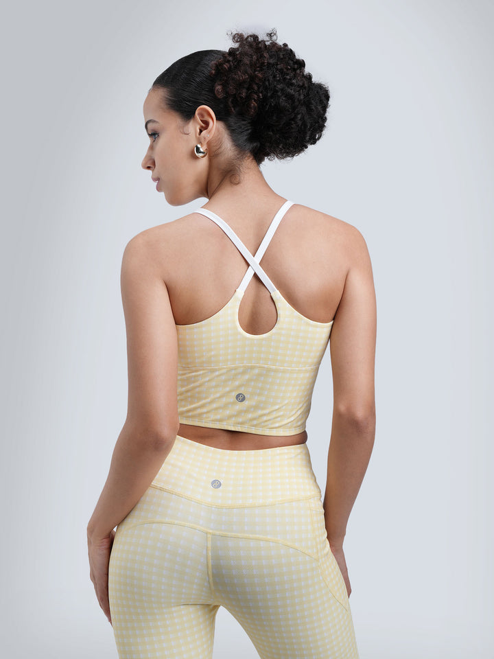 Butter Yellow Gingham Cross Back Sports Bra