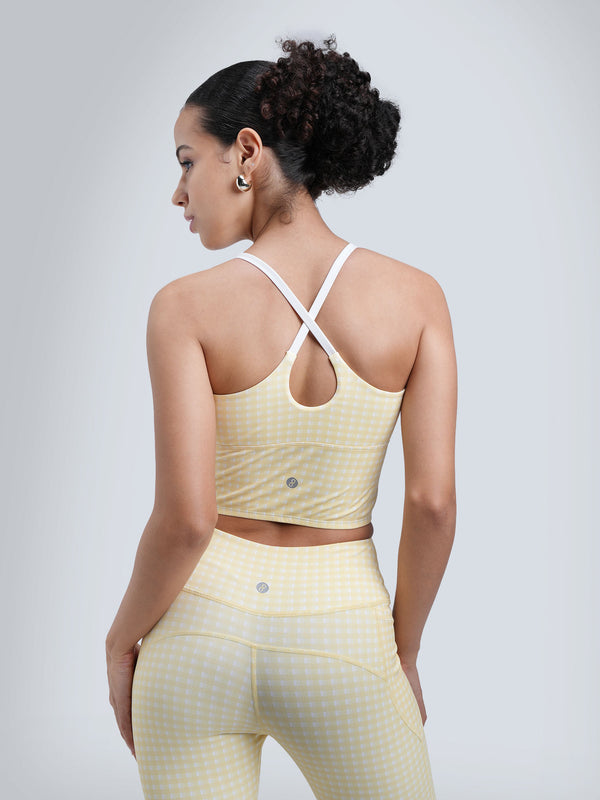Butter Yellow Gingham Cross Back Sports Bra