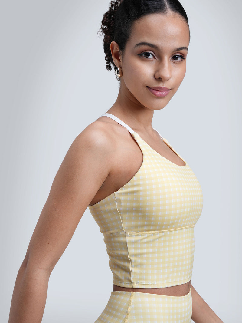 Butter Yellow Gingham Cross Back Sports Bra