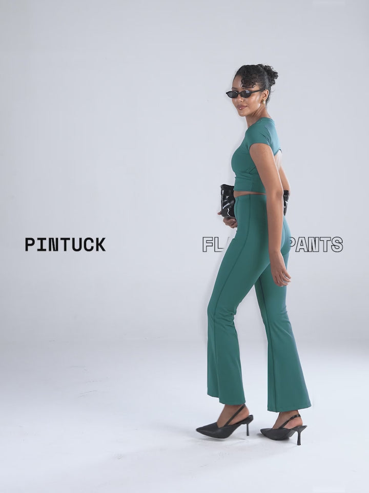 Green Pintuck Flared Pants